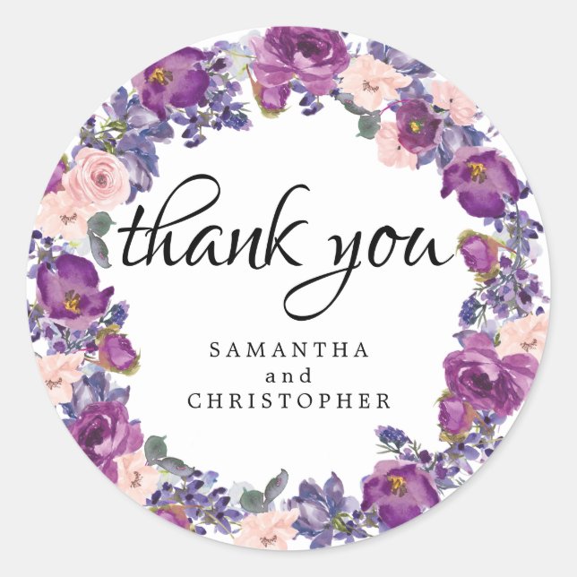 Purple and Pink Floral Wedding Favour Thank You Classic Round Sticker (Front)