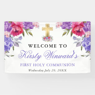 Purple and Pink Flowers 1st Holy Communion Banner
