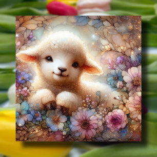 Purple and Pink Flowers and Lamb Christian Easter  Holiday Card