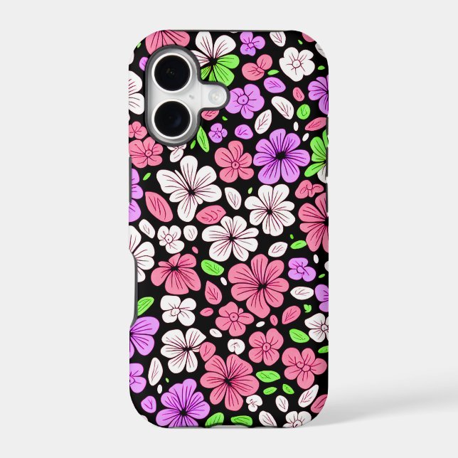 Purple and Pink Flowers and Petals Pattern Black (Back)