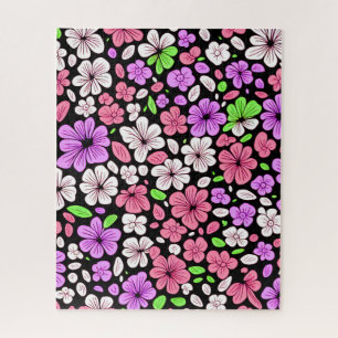 Purple and Pink Flowers and Petals Pattern Black Jigsaw Puzzle