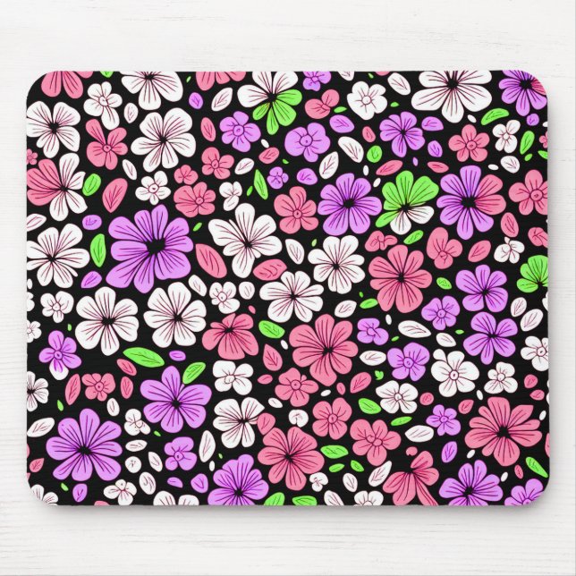 Purple and Pink Flowers and Petals Pattern Black Mouse Pad (Front)