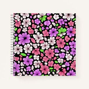 Purple and Pink Flowers and Petals Pattern Black Notebook