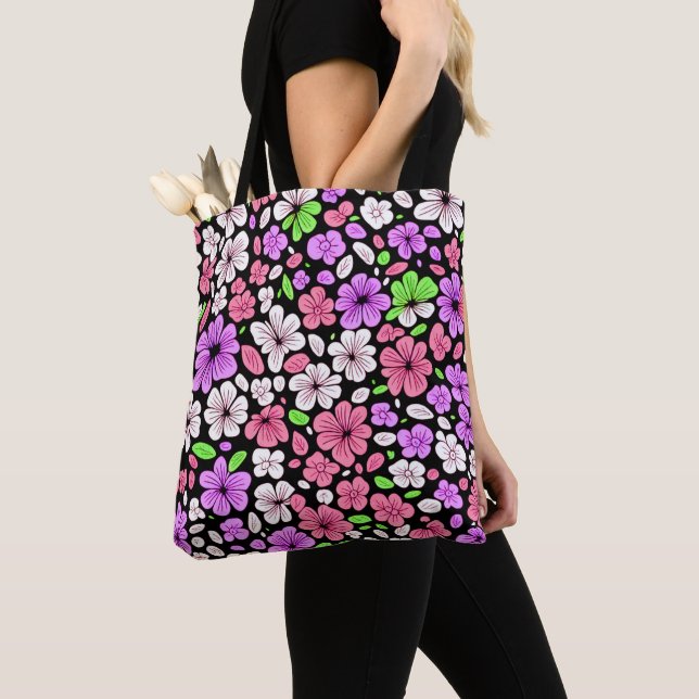 Purple and Pink Flowers and Petals Pattern Black Tote Bag (Close Up)