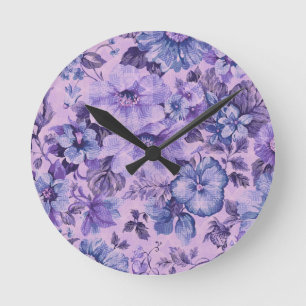 Purple and Pink Flowers on Lavender Background Round Clock