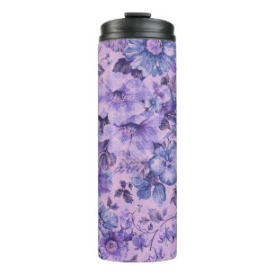 Purple and Pink Flowers on Lavender Background Thermal Tumbler