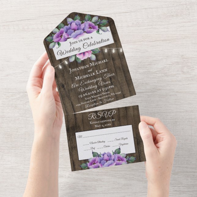 Purple and Pink Flowers on Wood Rustic Wedding All In One Invitation (Tearaway)