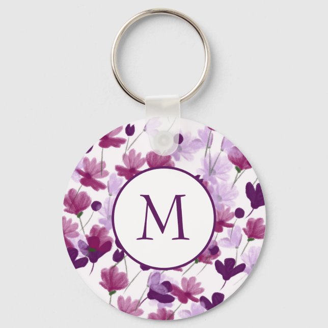 Purple And Pink Flowers Pattern Key Ring (Front)