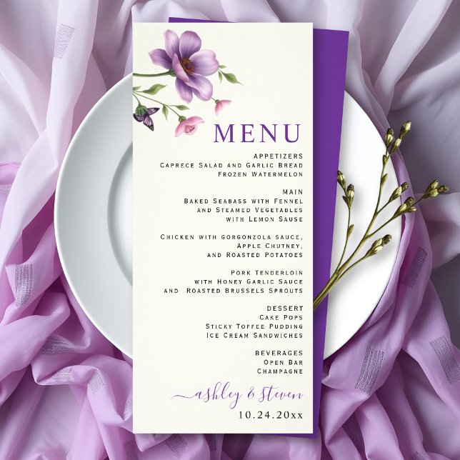Purple and pink flowers wedding menu card (Creator Uploaded)