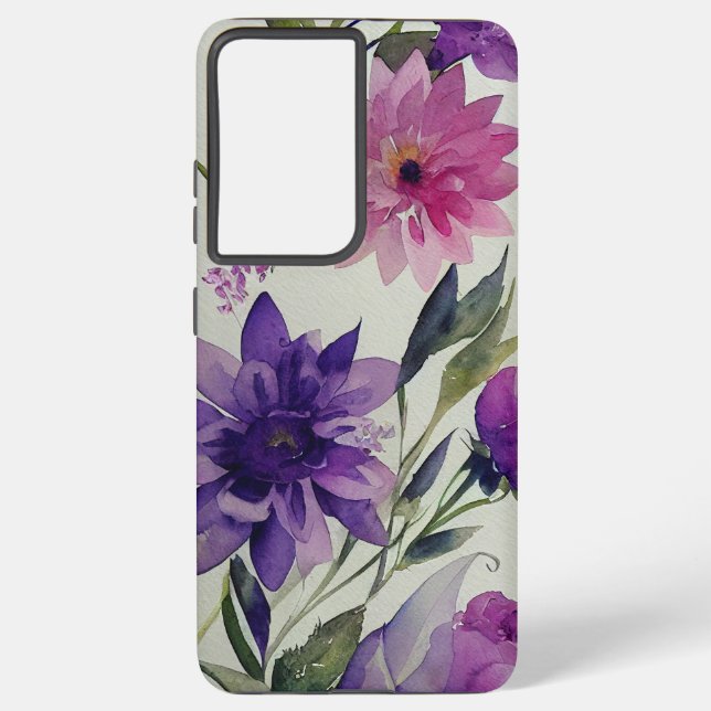 Purple and Pink Flowers with Green Leaves Samsung Galaxy S21 Ultra Case (Back)