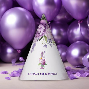 Purple And Pink Garden Flowers 1st Birthday Party Hat
