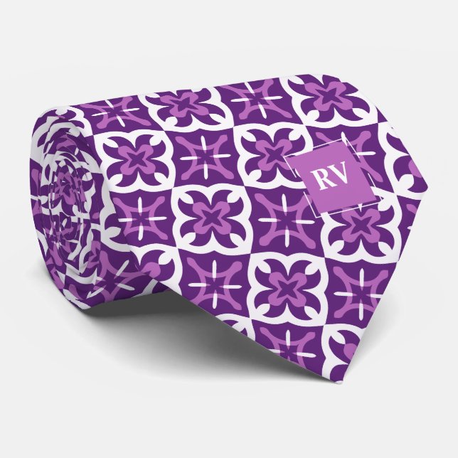 Purple and Pink Geometric Monogram Tie (Rolled)