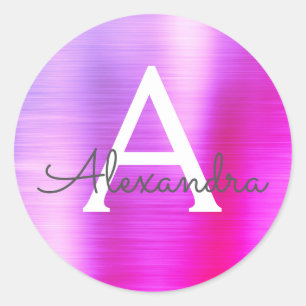 Purple and Pink Girly Metallic Monogram Classic Round Sticker