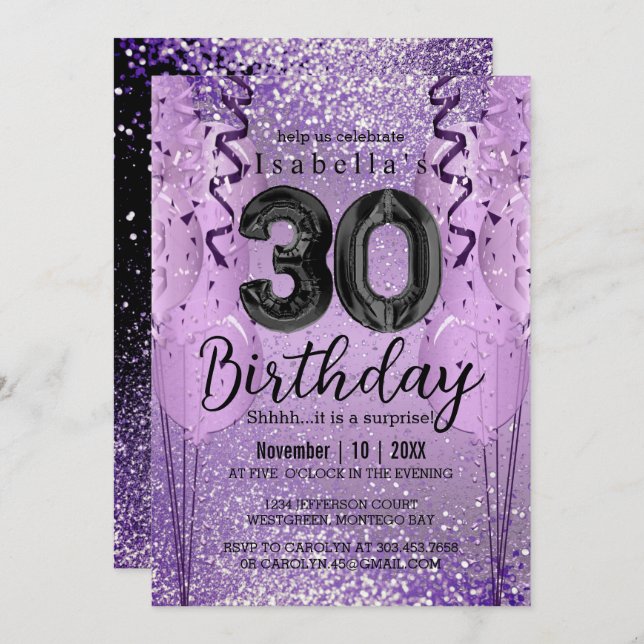 Purple and Pink Glitter 30th Birthday  Invitation (Front/Back)