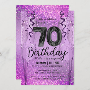 Purple and Pink Glitter 70th Birthday Invitation