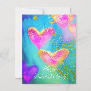 Purple and pink glittery hearts kids valentine holiday card