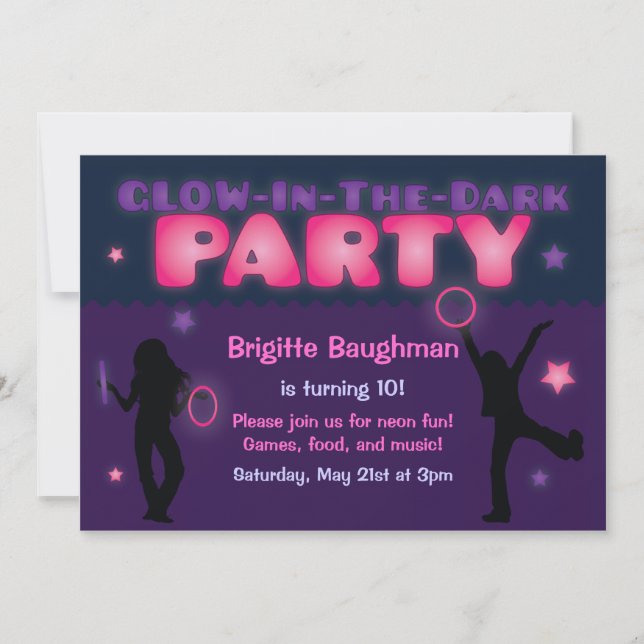 Purple and Pink Glow in the Dark Party Invitation (Front)