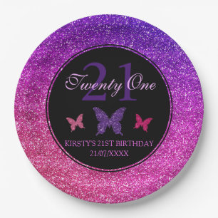 Purple and Pink Gradient Glitter Birthday Paper Plate