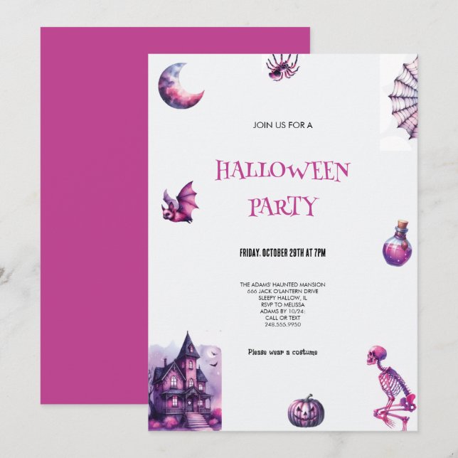 PURPLE AND PINK HALLOWEEN  PARTY INVITATION (Front/Back)