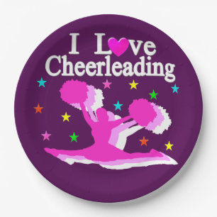 PURPLE AND PINK I LOVE CHEERLEADING PAPER PLATES