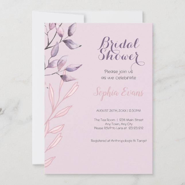 Purple and Pink Leaves Purple Bridal Shower Invitation (Front)