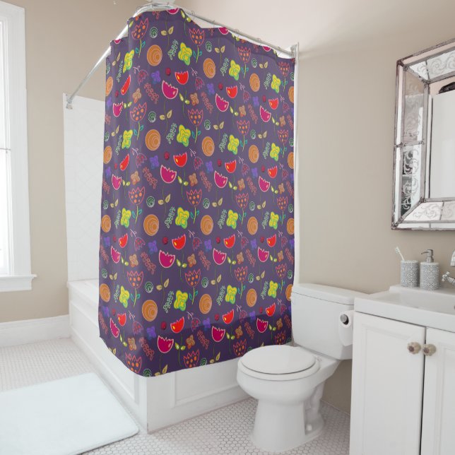 Purple and pink modern floral flowers shower curtain (In Situ)