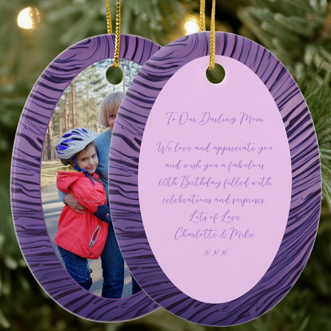 Purple And Pink Mum 60th Birthday Photo Ceramic Ornament (Front And Back)