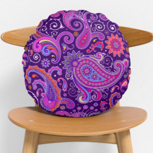 Purple and Pink Paisley Groovy Round Cushion