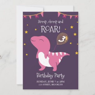 Purple And Pink Roar Dinosaur Birthday Party Invitation