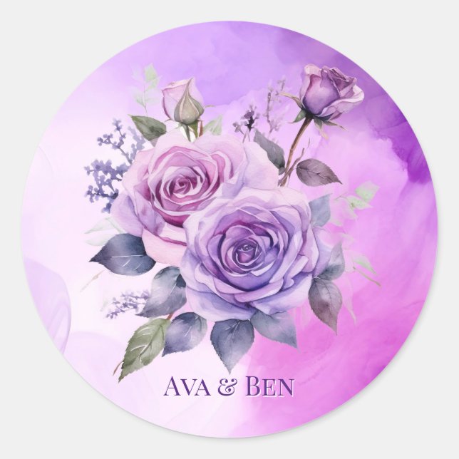 Purple and Pink Rose Alcohol Garden Wedding Classic Round Sticker (Front)