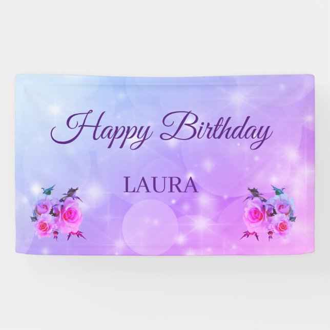 Purple and Pink Roses Personalised Happy Birthday Banner (Horizontal)