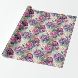 Purple and Pink Small Abstract Flowers Faux Gold  Wrapping Paper