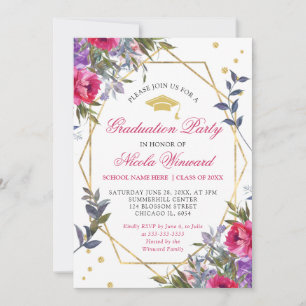 Purple and Pink Summer Flowers Graduation Invitation