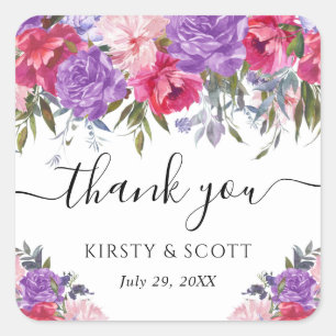 Purple and Pink Summer Flowers Wedding Square Sticker