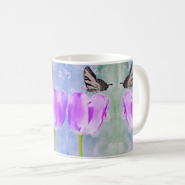 Purple and Pink Tulips with Butterflies – Floral Coffee Mug (Front Right)