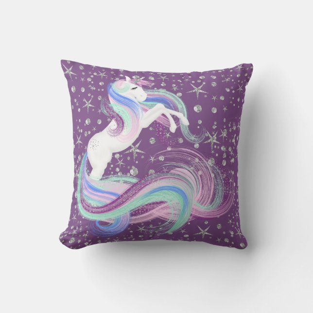 Purple and Pink Unicorn with Silver Stars Cushion (Front)