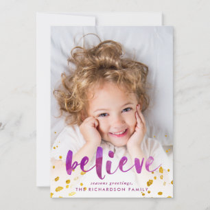 Purple and Pink Watercolor and Gold Believe Photo Holiday Card