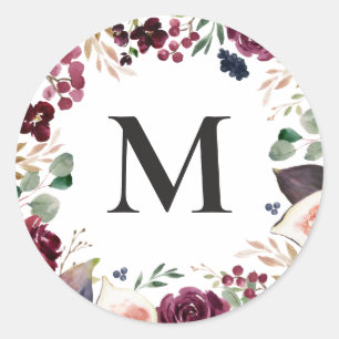 Purple and pink watercolor floral initial classic round sticker