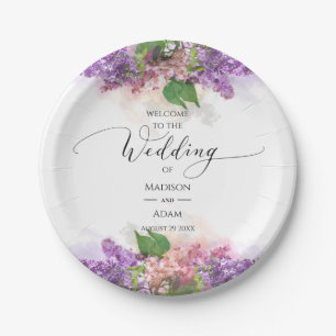 Purple and Pink Watercolor Lilac Flowers Wedding Paper Plate