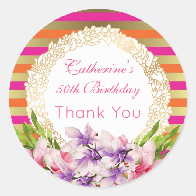 Purple and Pink Watercolor Magnolia Birthday Classic Round Sticker (Front)