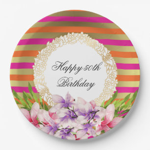 Purple and Pink Watercolor Magnolia Birthday Paper Plate
