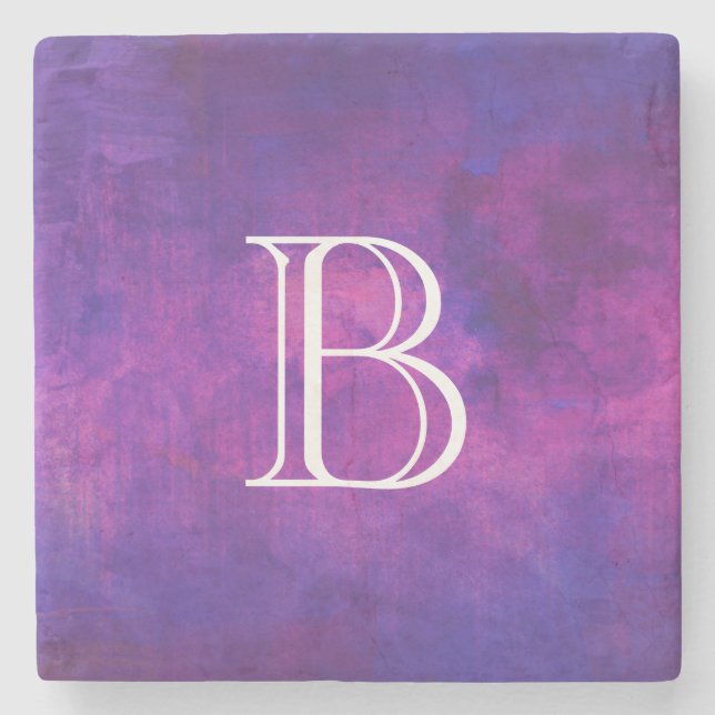Purple and Pink Watercolor Monogram Stone Coaster (Front)