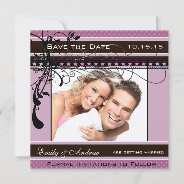Purple and Pink Wedding Photo Save the Date Invitation (Front)