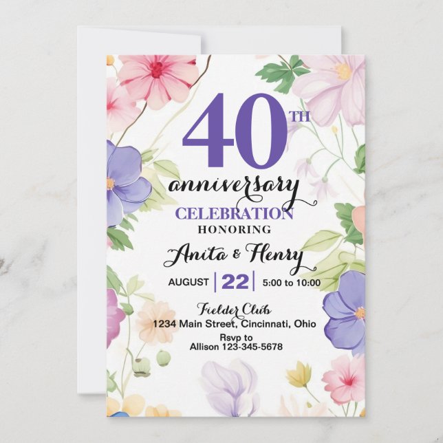 Purple and Pink Wildflowers Any Anniversary Invitation (Front)