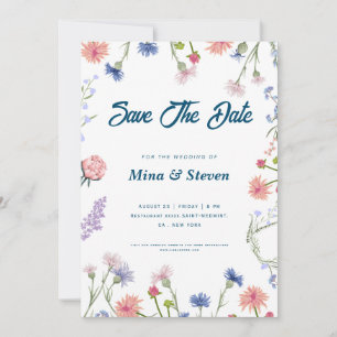 Purple and pink wildflowers frame Wedding  Save The Date