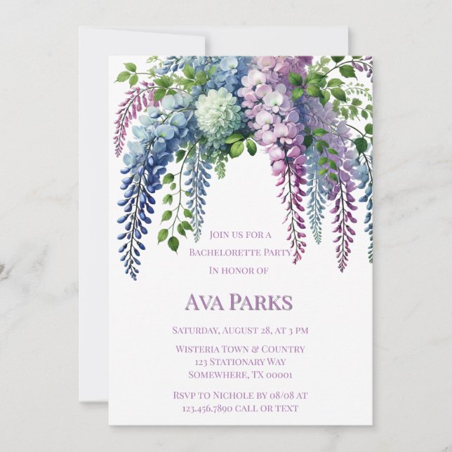 Purple and Pink Wisteria Bachelorette Party Invitation (Front)