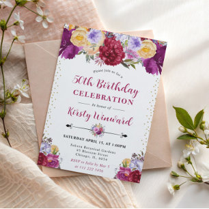 Purple and Red Summer Flowers 50th Birthday Invitation