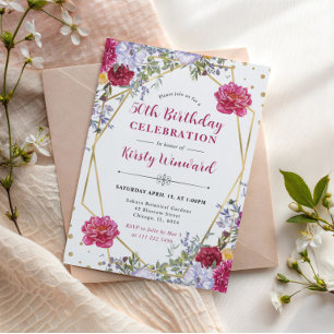 Purple and Red Summer Flowers 50th Birthday Invitation