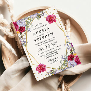 Purple and Red Summer Flowers Gold Frame Wedding Invitation