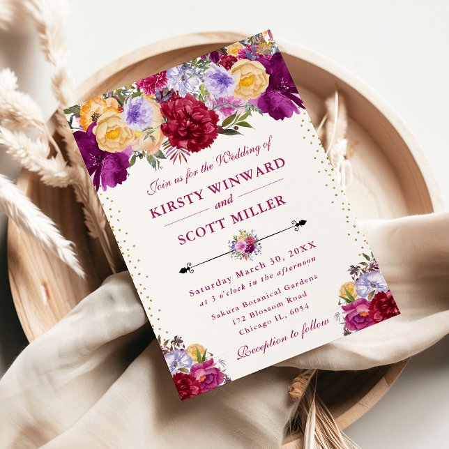 Purple and Red Summer Flowers Wedding Invitation (Creator Uploaded)